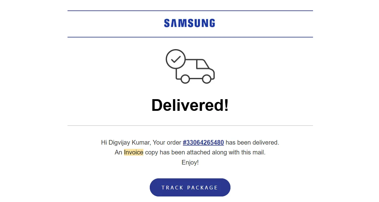 Hóa đơn email mua Samsung với số IMEI