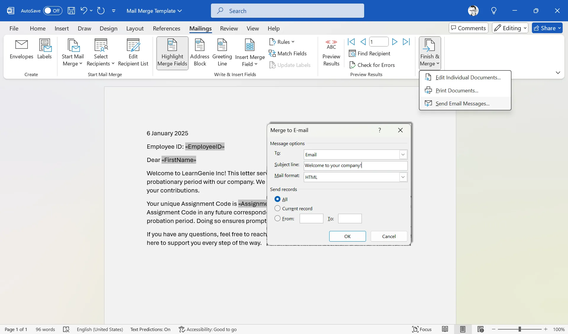 Hoàn tất quá trình trộn thư trong Microsoft Word để gửi qua Outlook