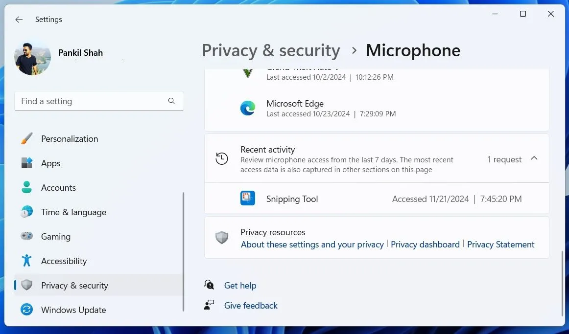 Hoạt động micro gần đây trong ứng dụng Cài đặt Windows 11
