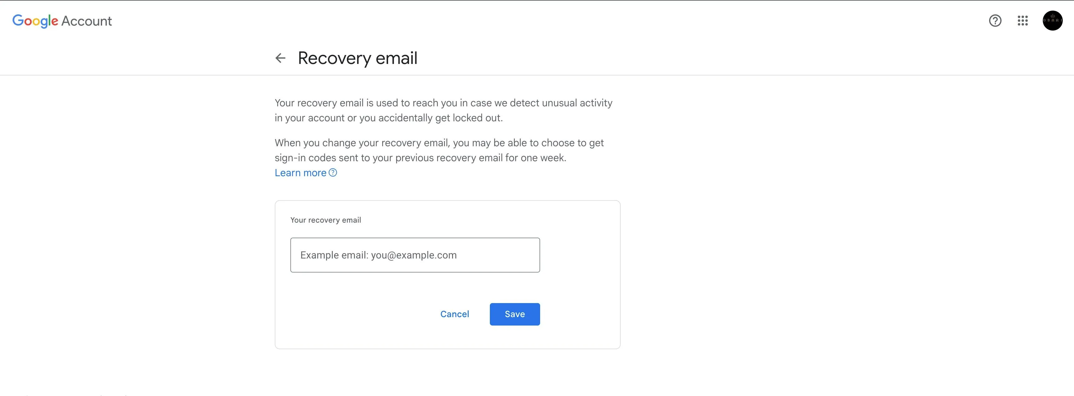 Hộp nhập địa chỉ email khôi phục trong tài khoản Google, nhấn mạnh tầm quan trọng của việc cập nhật tùy chọn khôi phục để bảo vệ sao lưu.