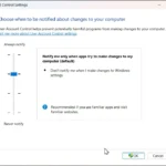 Hộp thoại cài đặt User Account Control trên Windows 11 với các tùy chọn mức độ thông báo