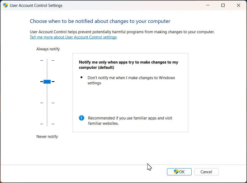 Hộp thoại cài đặt User Account Control trên Windows 11 với các tùy chọn mức độ thông báo