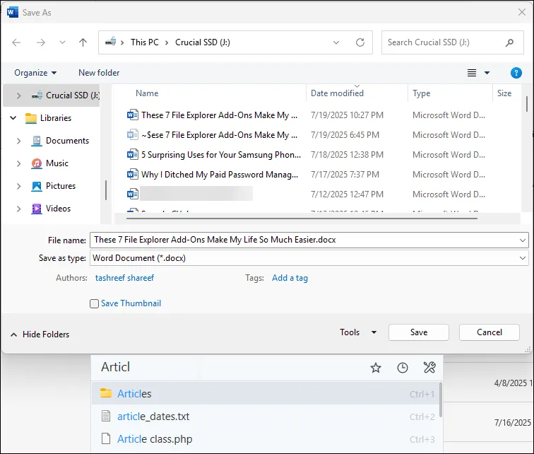 Hộp thoại lưu tệp Microsoft Word có tích hợp tìm kiếm nhanh của Listary, giúp chuyển thư mục dễ dàng.