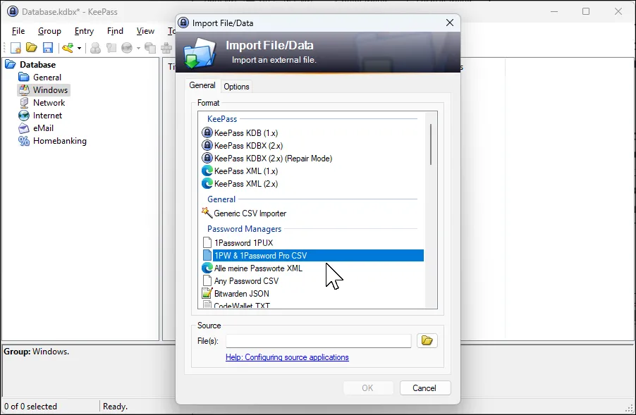 Hộp thoại nhập dữ liệu vào KeePass, hỗ trợ nhiều định dạng từ 1Password.