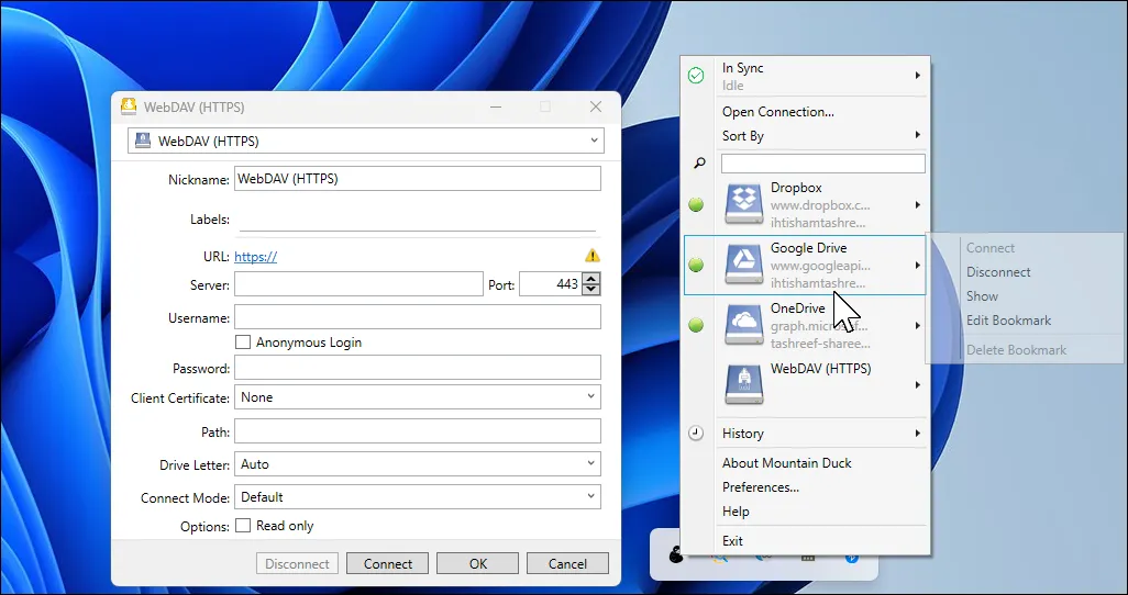 Hộp thoại Open Connection của Mountain Duck mở trên desktop Windows 11