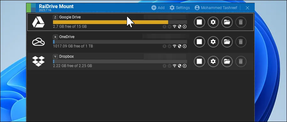 Hộp thoại RaiDrive Mount Connected drives trên Windows 11 desktop