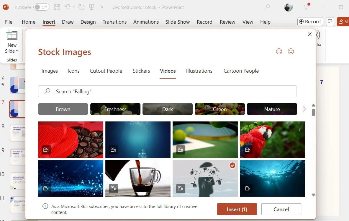 Hộp thoại Stock Videos trong PowerPoint hiển thị thư viện video có sẵn, với tùy chọn Insert để chèn video từ kho.