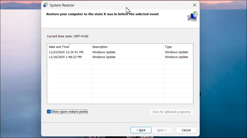 Hộp thoại System Restore trong Windows 11 với các điểm khôi phục có sẵn