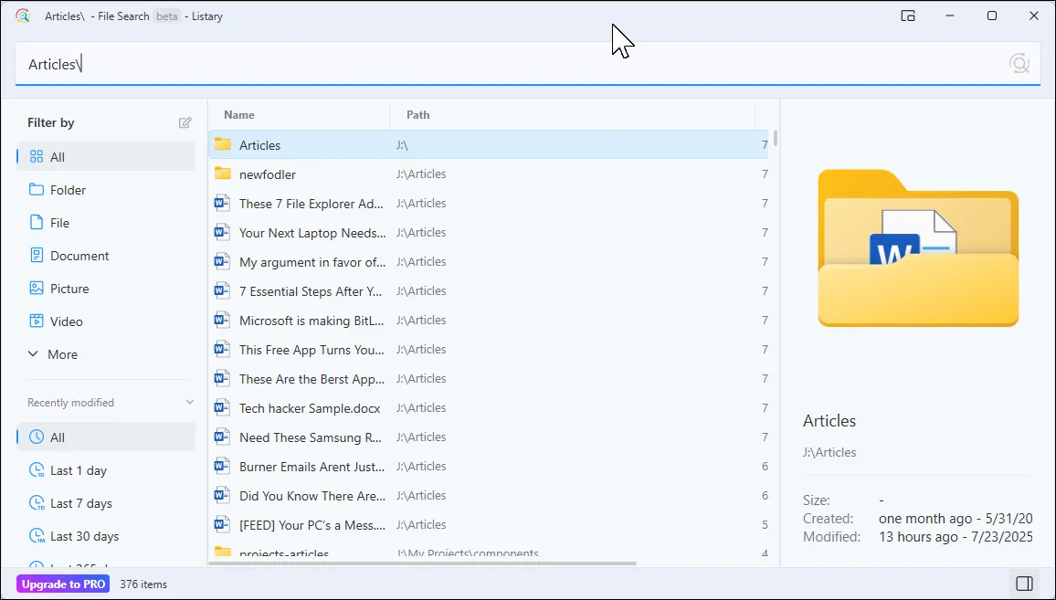 Hộp thoại tìm kiếm file của Listary với các tùy chọn lọc và xem trước thông tin chi tiết tệp
