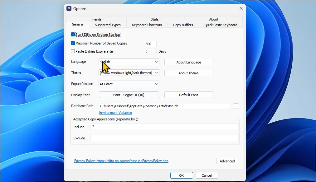 Hộp thoại tùy chọn của Ditto Clipboard Manager trên Windows 11, thể hiện khả năng quản lý clipboard mạnh mẽ