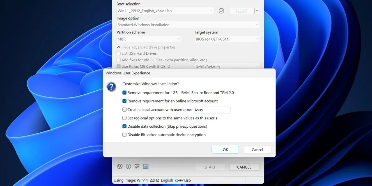 Hộp thoại 'Windows User Experience' trong Rufus cho phép người dùng tùy chỉnh bỏ qua yêu cầu TPM 2.0, Secure Boot, RAM 4GB và tài khoản Microsoft khi tạo USB cài đặt Windows 11.