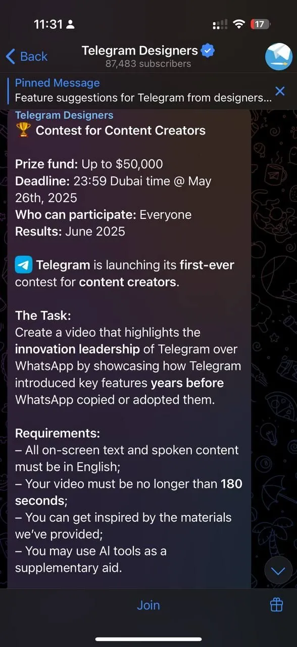 Hướng dẫn cuộc thi "Telegram Vượt Trội Hơn WhatsApp" trên kênh chính thức của Pavel Durov