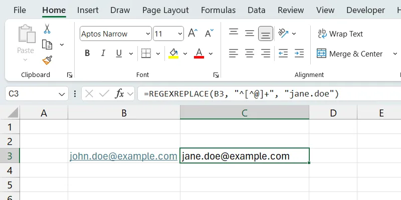 Hướng dẫn sử dụng hàm REGEXREPLACE trong Excel để thay thế phần username của email.