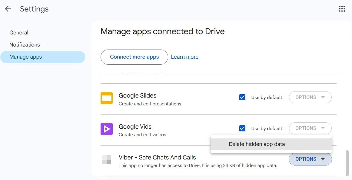 Hướng dẫn truy cập cài đặt Google Drive để tìm và xóa dữ liệu ẩn của các ứng dụng, game không còn sử dụng, giúp giải phóng bộ nhớ.