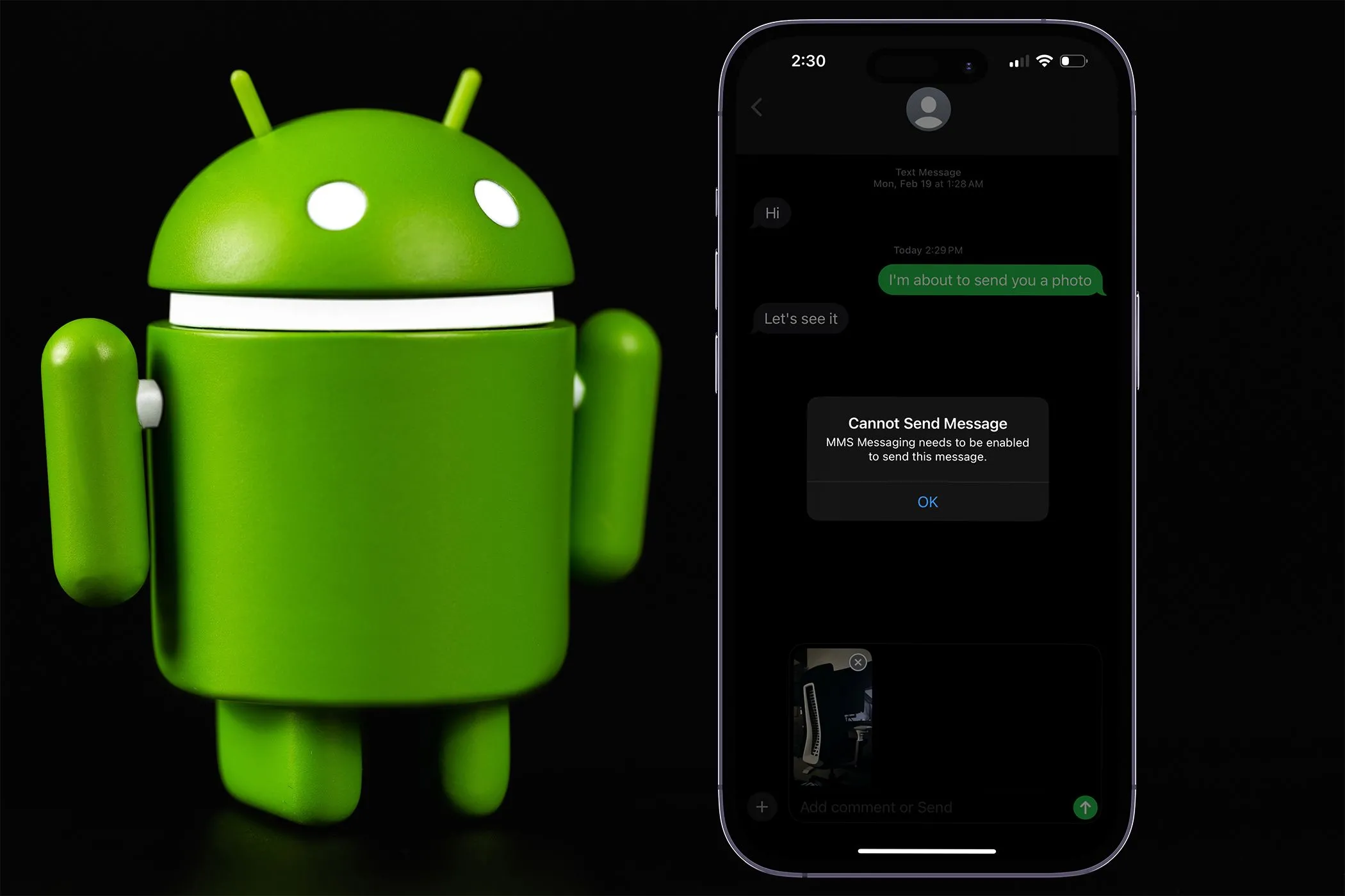 iPhone hiển thị lỗi không gửi được tin nhắn và biểu tượng Android, tượng trưng cho khó khăn khi chuyển đổi hệ điều hành và nguy cơ mất lịch sử tin nhắn iMessage.