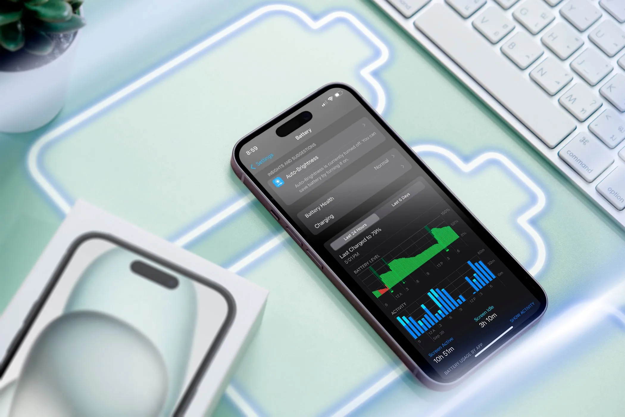 iPhone hiển thị mức sử dụng pin, minh họa khả năng tiết kiệm pin của Dark Mode