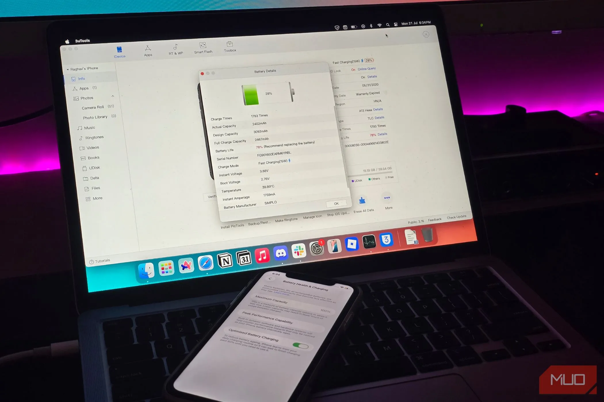 iPhone kết nối MacBook hiển thị thông tin pin chi tiết qua 3uTools