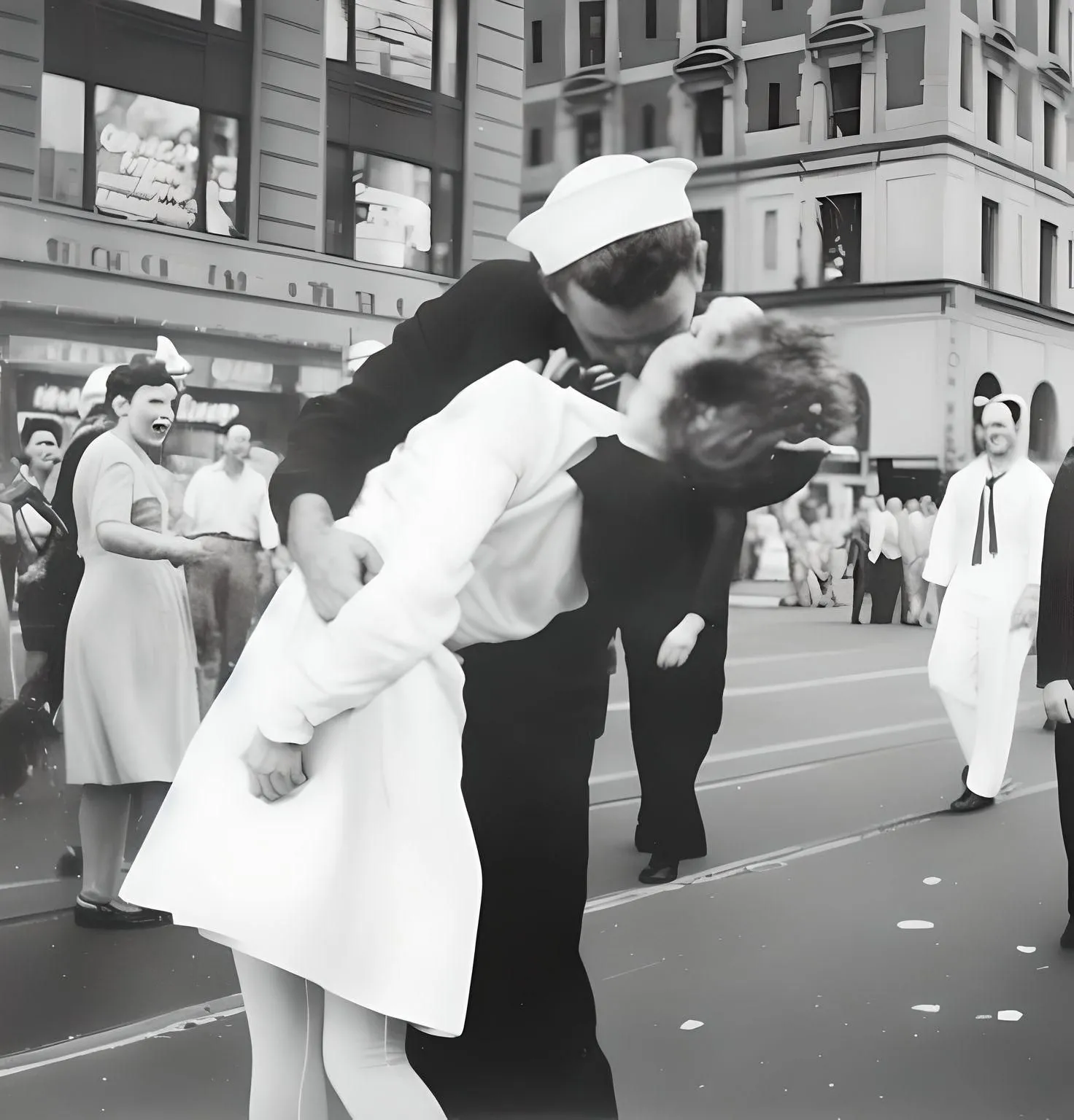 Kết quả AI tái tạo từ ảnh gốc &quot;Kissing the War Goodbye&quot;, chi tiết nhân vật chính tốt nhưng người nền bị biến dạng.