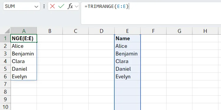 Kết quả cột dữ liệu động trong Excel sau khi đã loại bỏ các số 0 thừa bằng cách sử dụng hàm TRIMRANGE.
