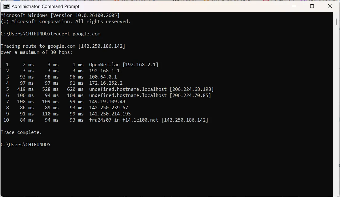 Kết quả của lệnh tracert sau khi chạy trên Google.com