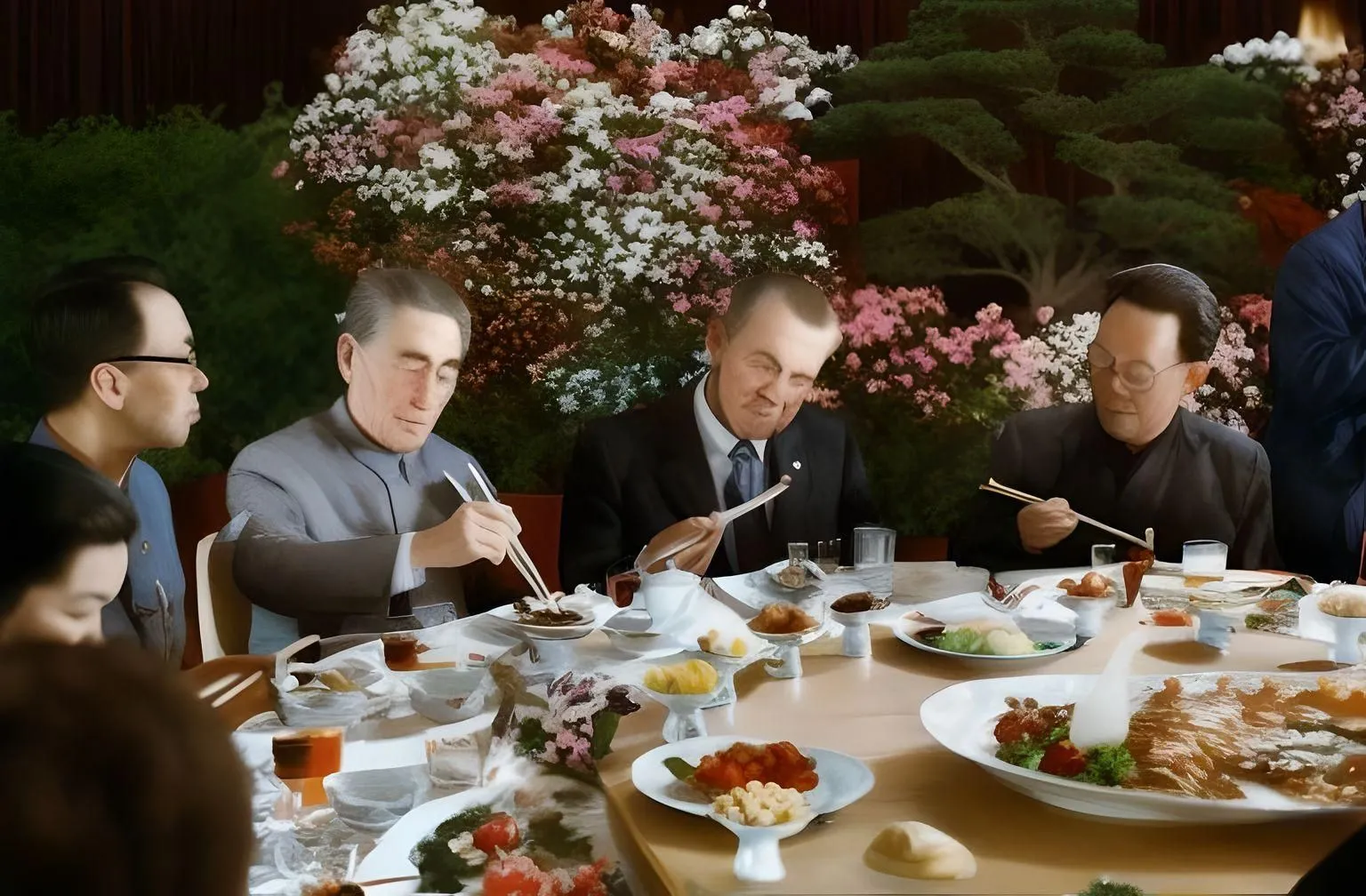 Kết quả Fotor AI khi tái tạo ảnh Nixon in China từ ảnh gốc, cho thấy chất lượng bị giảm và gương mặt méo mó.