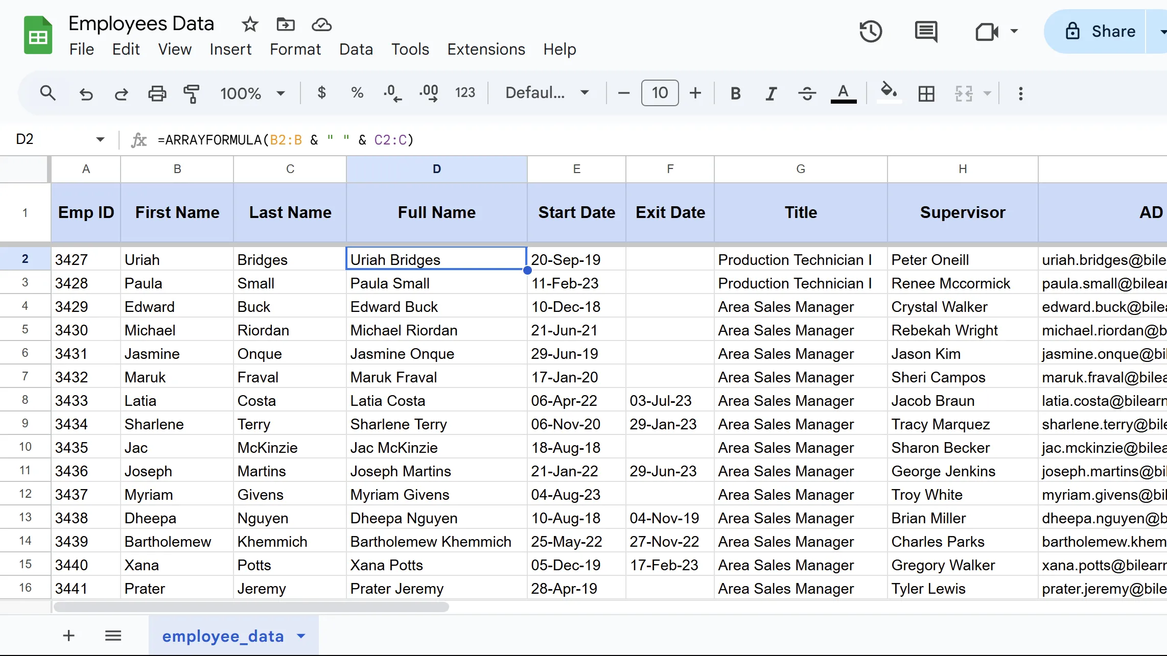Kết quả hàm ARRAYFORMULA trong Google Sheets, hiển thị công thức áp dụng cho toàn bộ cột.