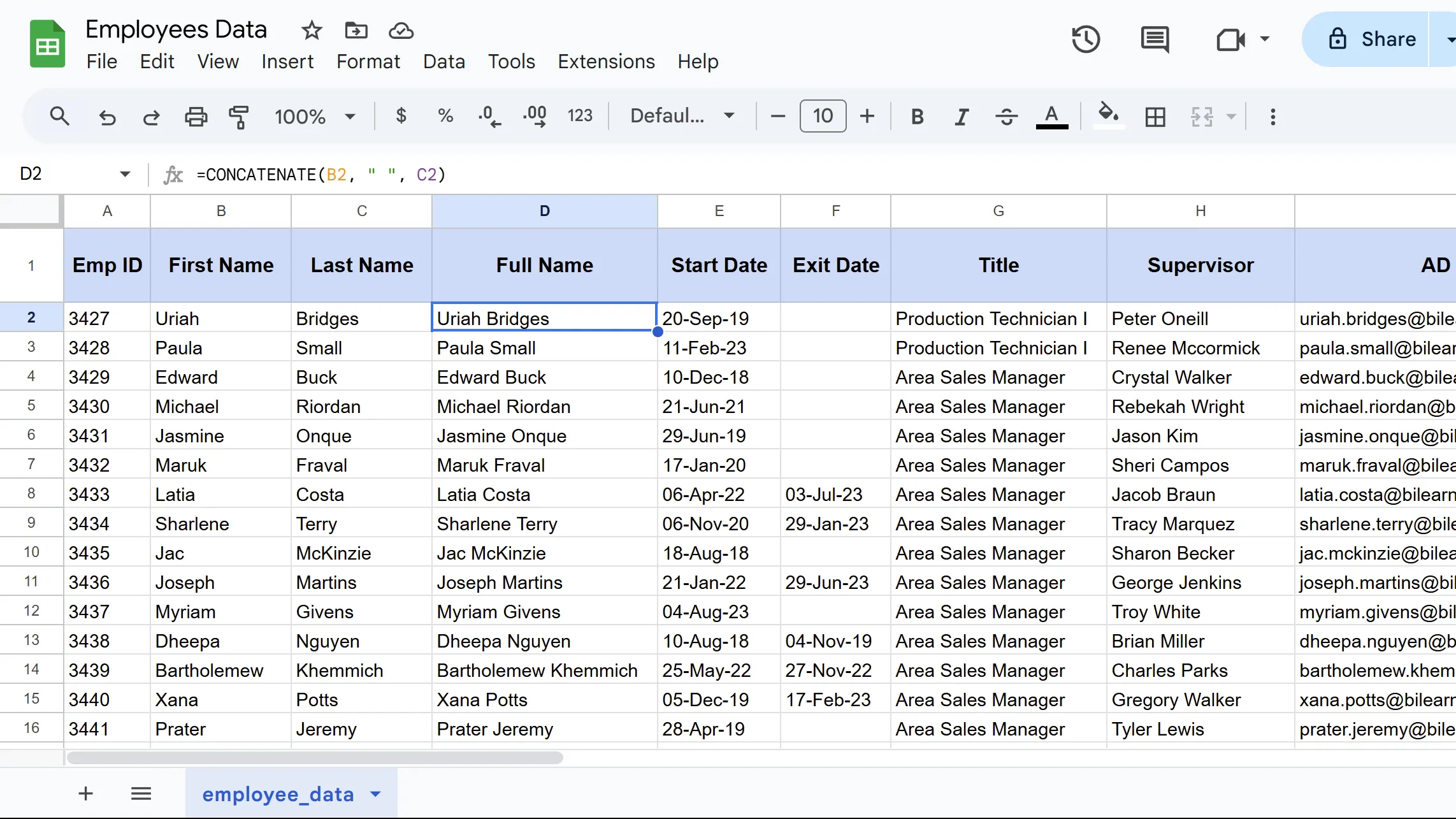 Kết quả hàm CONCATENATE trong Google Sheets, hiển thị văn bản được ghép nối từ nhiều ô.