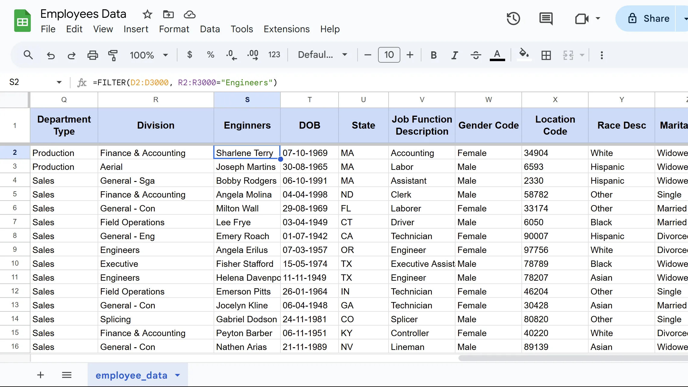 Kết quả hàm FILTER trong Google Sheets, hiển thị các hàng đã được lọc theo điều kiện.