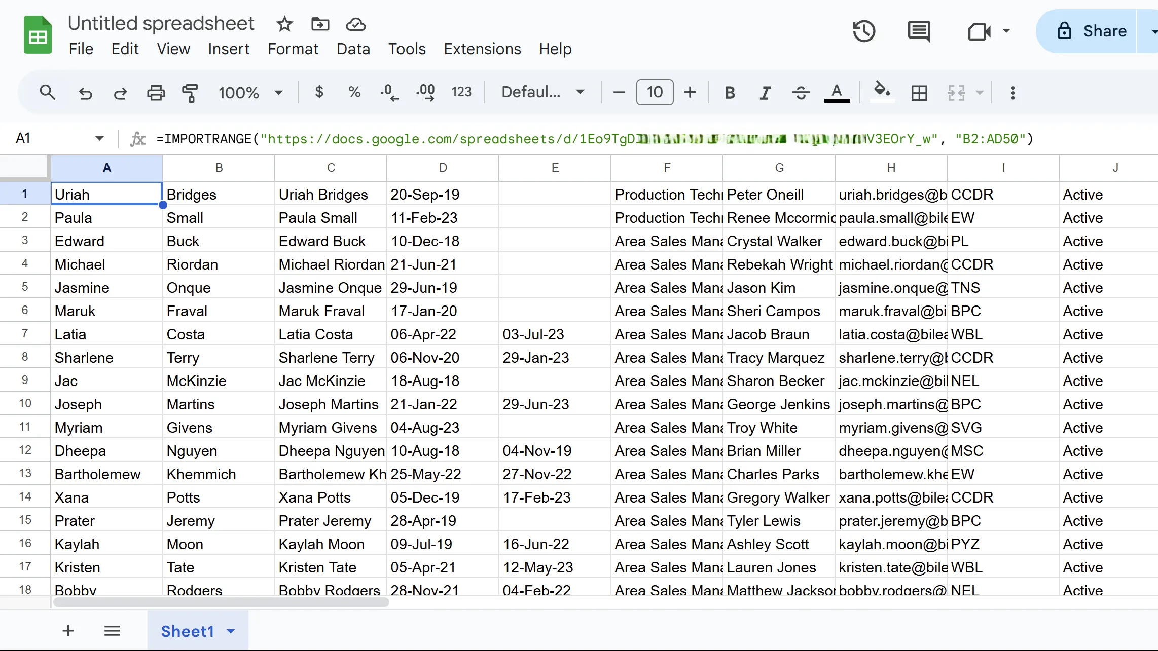 Kết quả hàm IMPORTRANGE trong Google Sheets, hiển thị dữ liệu được nhập từ một bảng tính khác.