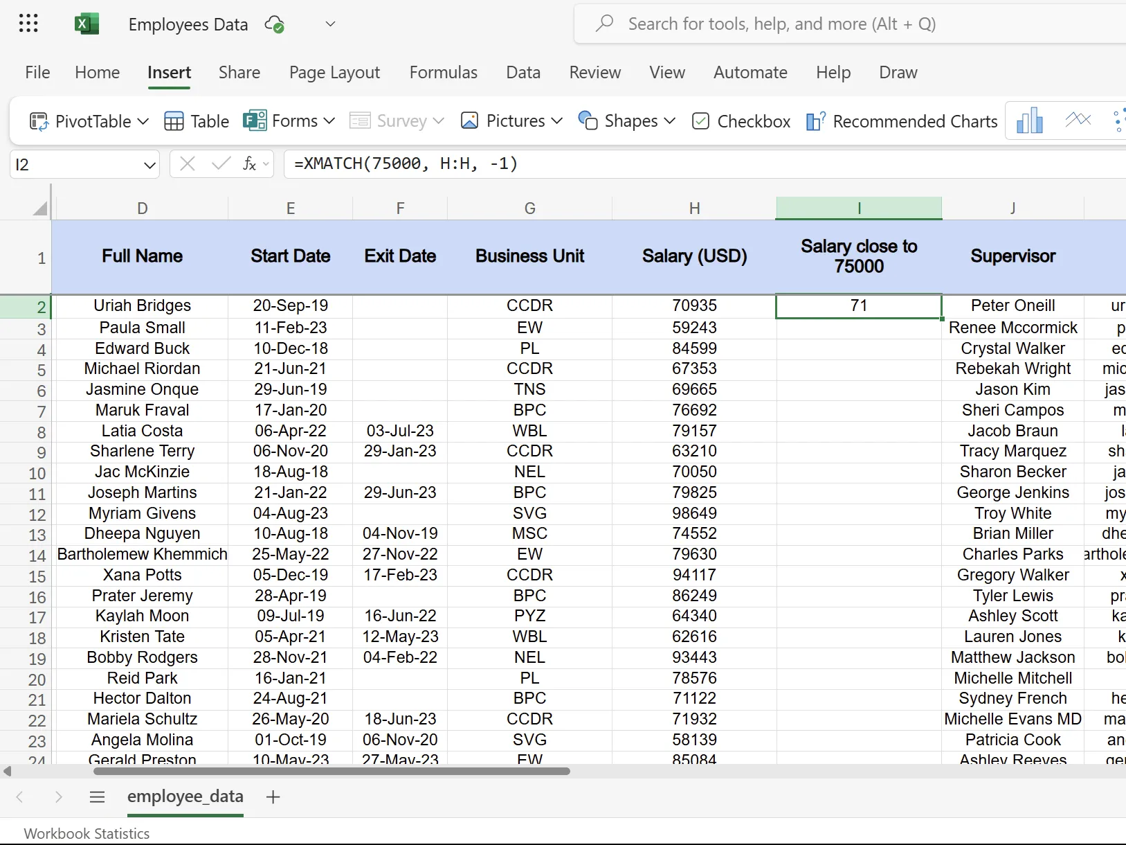 Kết quả hàm XMATCH trong Excel tìm mức lương gần 75.000 USD nhất nhưng không vượt quá