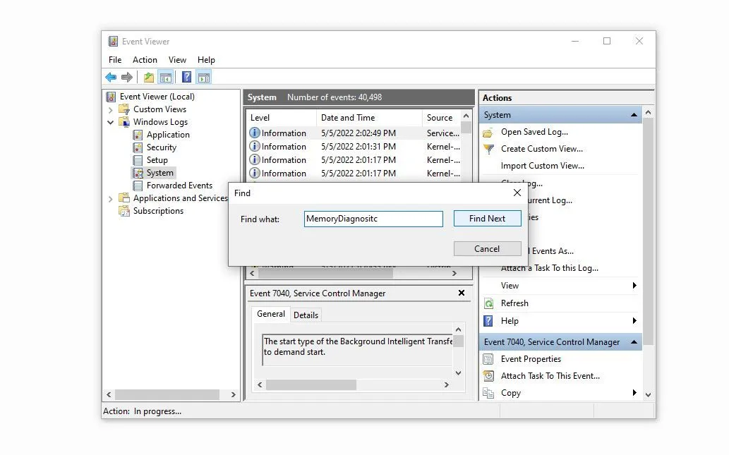 Kết quả kiểm tra bộ nhớ RAM bằng Windows Memory Diagnostic trong Event Viewer của Windows 10