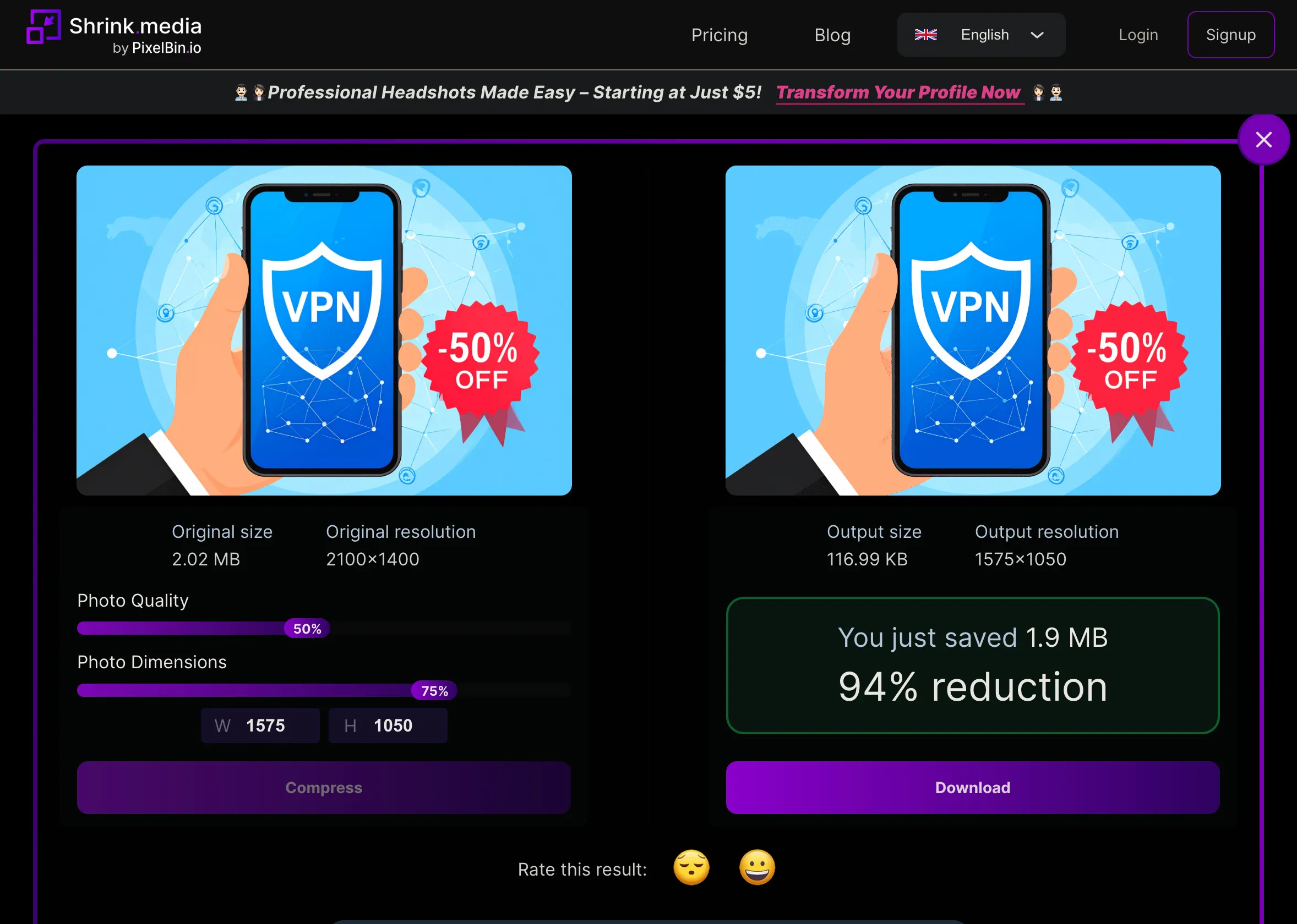 Kết quả nén ảnh hiển thị trên công cụ Shrink.media