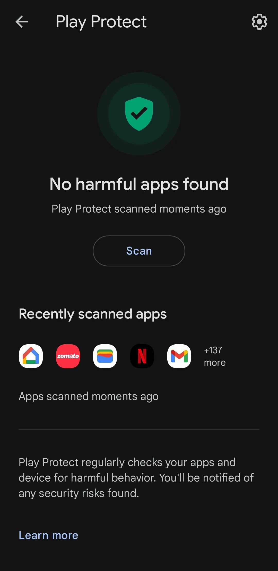 Kết quả quét của Google Play Protect trên Android