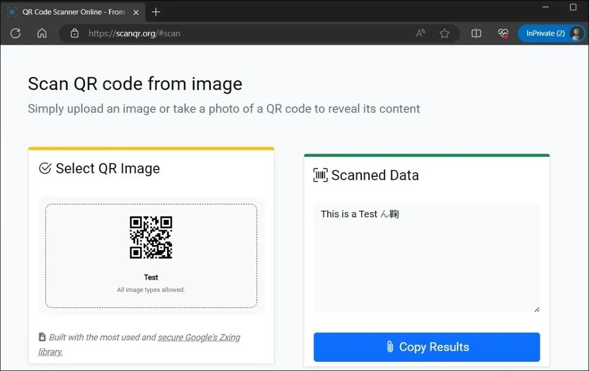 Kết quả quét mã QR từ hình ảnh trên trang web ScanQR.org, hiển thị dữ liệu đã giải mã