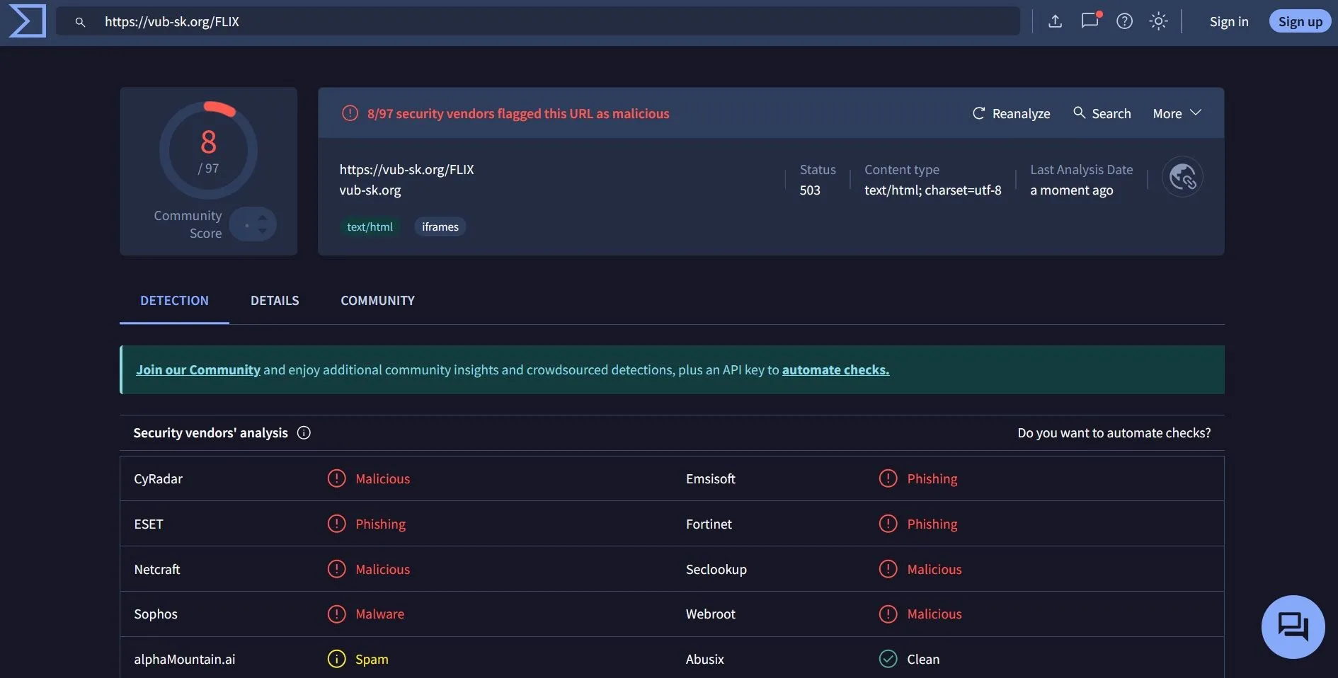 Kết quả quét URL độc hại của trang lừa đảo Netflix trên VirusTotal