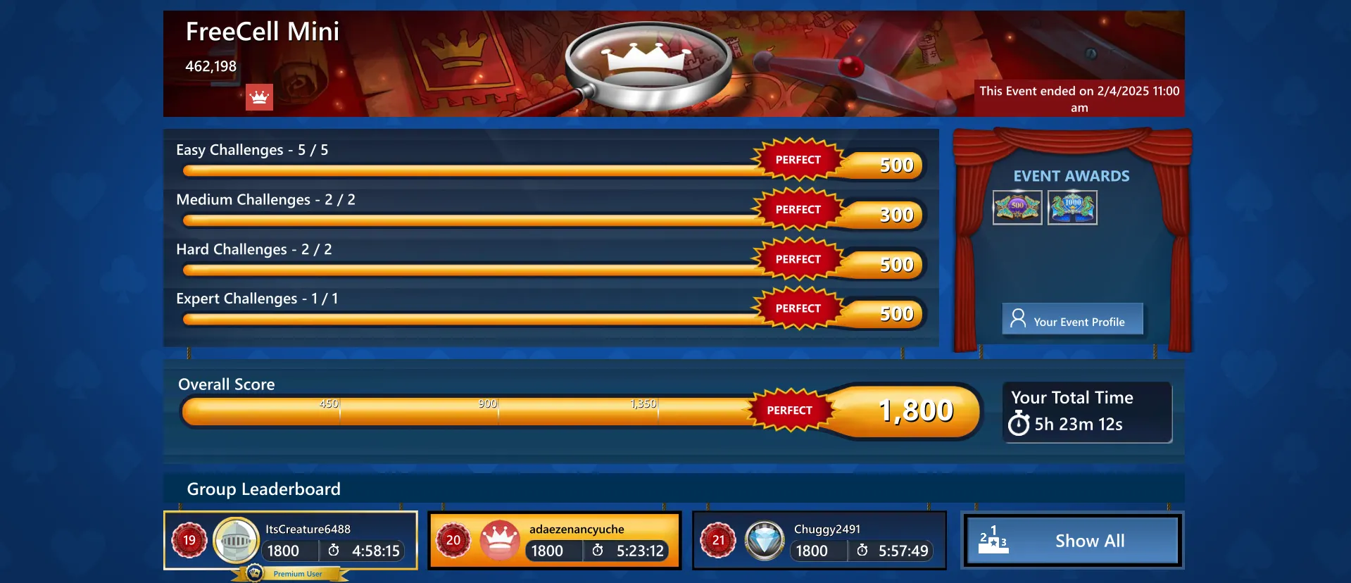Kết quả sự kiện hàng ngày trong Microsoft Solitaire trên PC hiển thị điểm số và thứ hạng người chơi