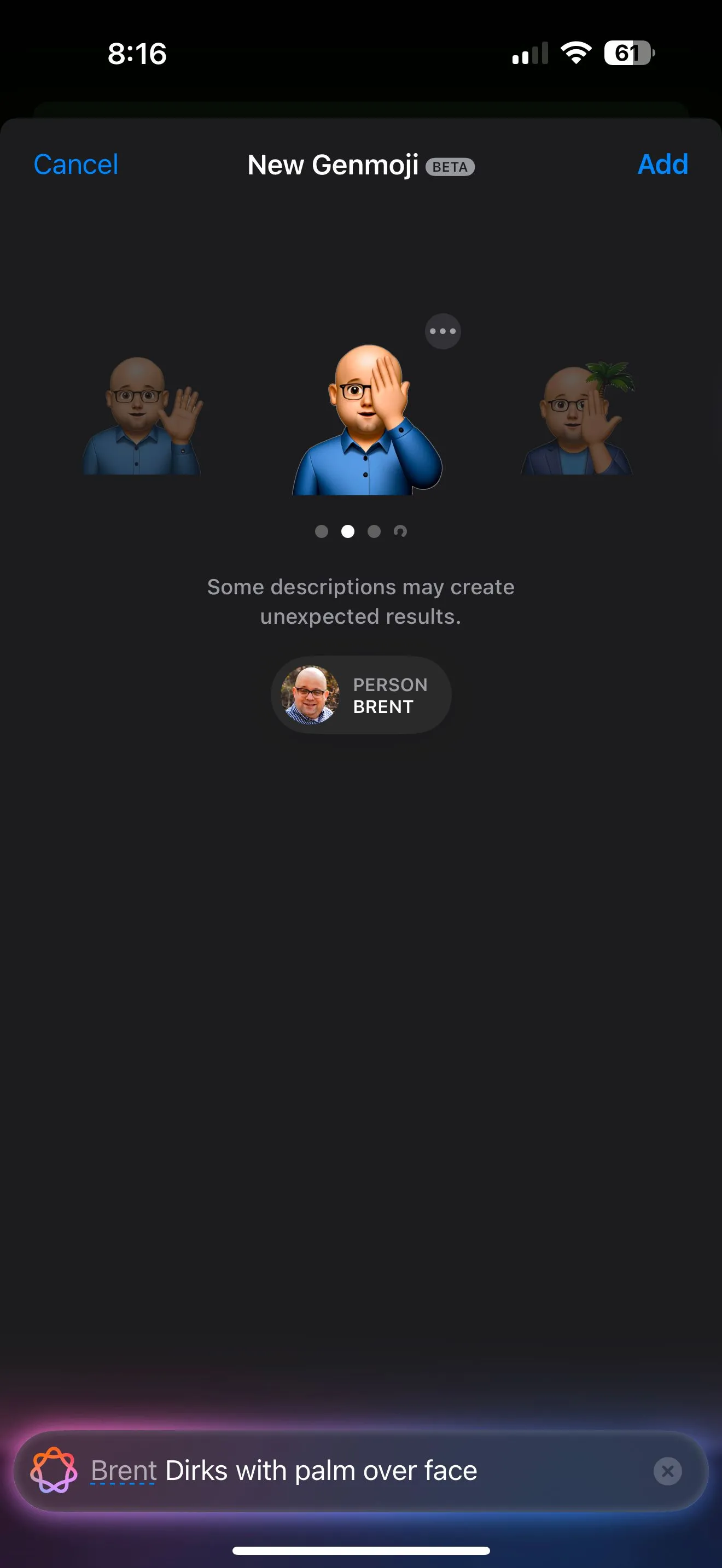Kết quả tạo Genmoji với biểu cảm facepalm.
