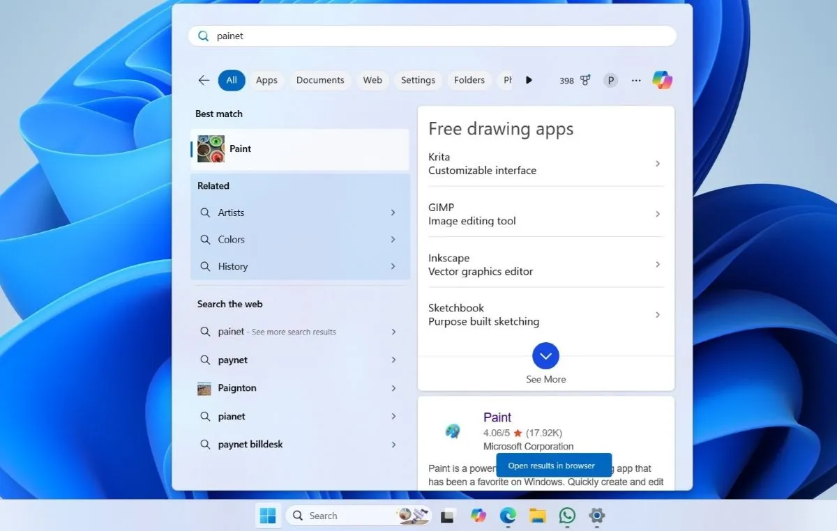 Kết quả tìm kiếm của Windows 11 bao gồm cả nội dung web không mong muốn