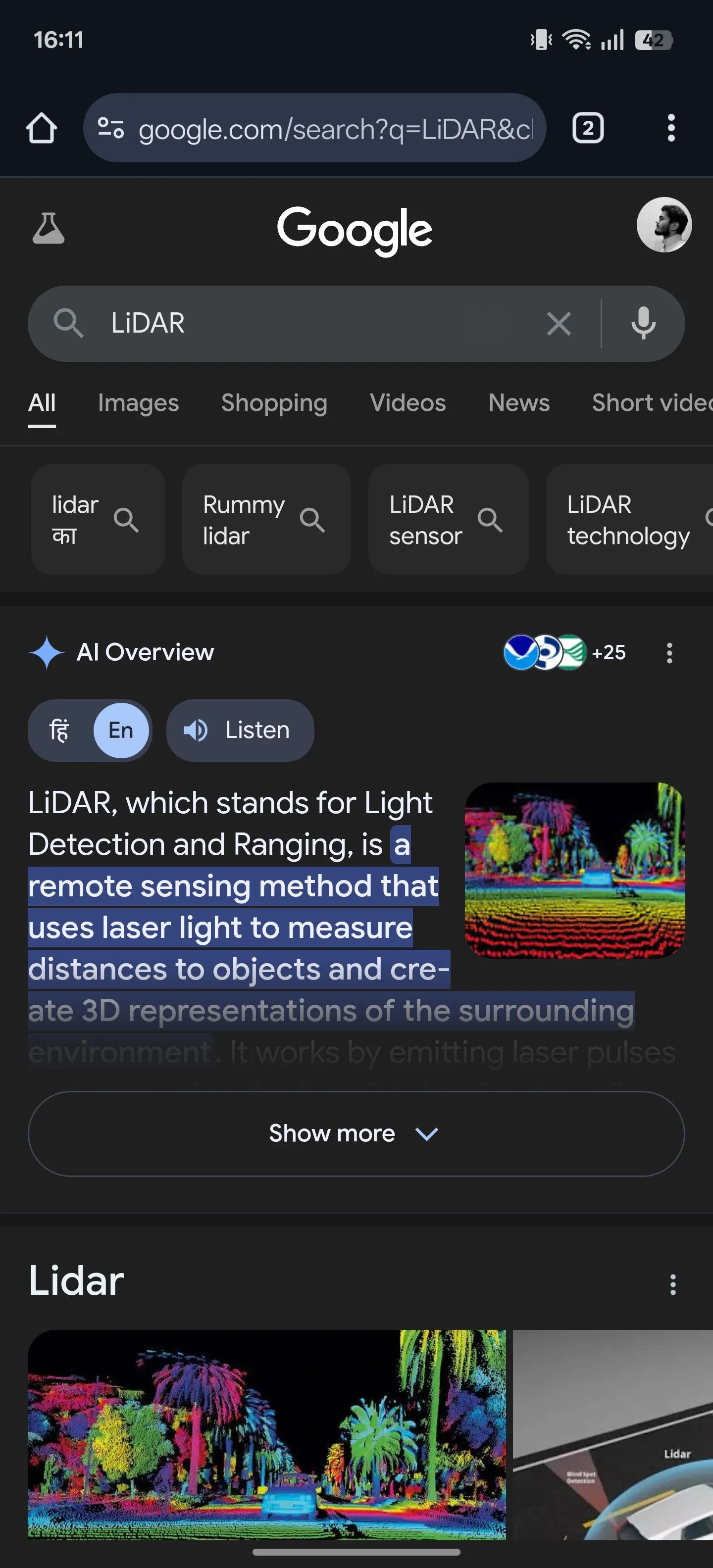Kết quả tìm kiếm nhanh bằng &quot;Web search&quot; trong một tab mới của Chrome Android.