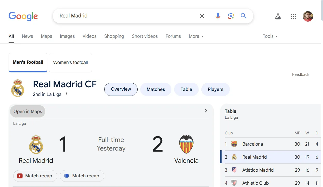 Kết quả tìm kiếm Real Madrid trên Google hiển thị lịch thi đấu và tỷ số trực tiếp