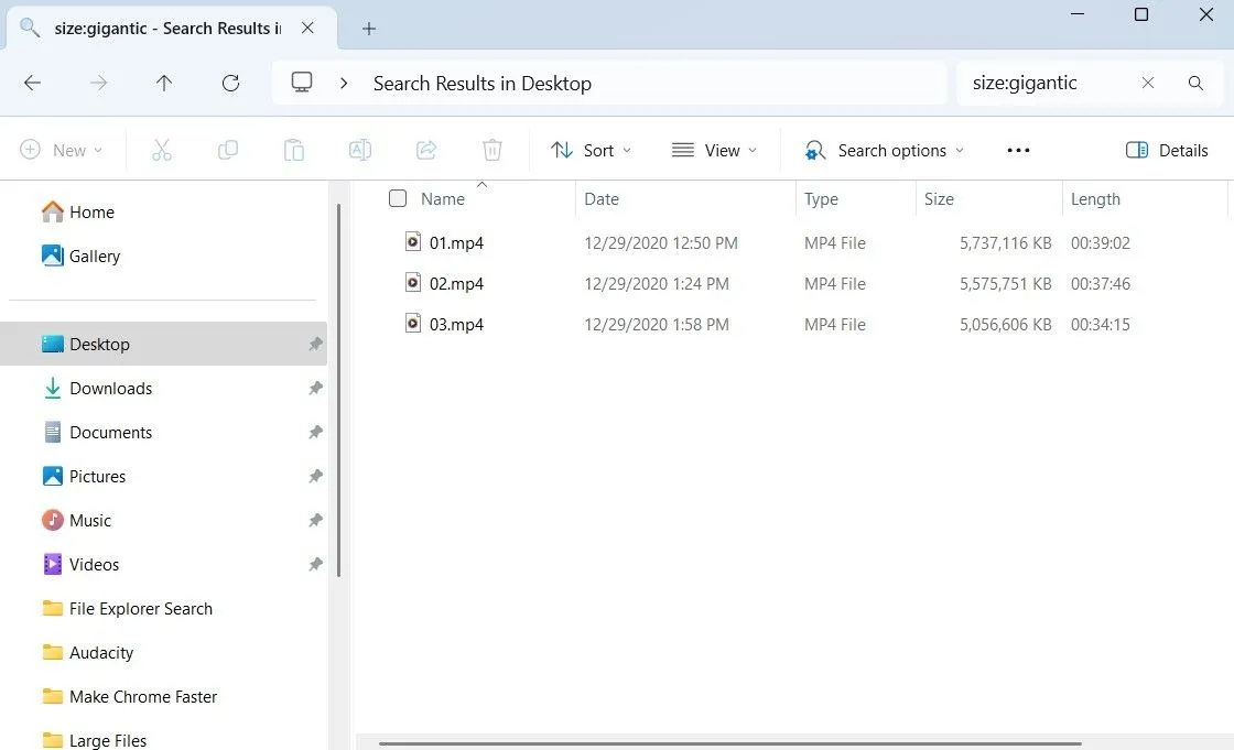 Kết quả tìm kiếm tệp tin lớn hơn 128 MB bằng File Explorer trên Windows với lệnh size:gigantic.