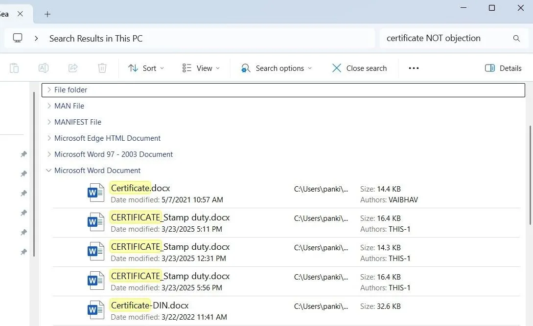 Kết quả tìm kiếm trong File Explorer trên Windows sử dụng toán tử NOT để loại trừ các từ khóa cụ thể