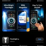 Kết quả tìm kiếm ứng dụng đèn pin trên App Store, hiển thị nhiều ứng dụng bên thứ ba không cần thiết