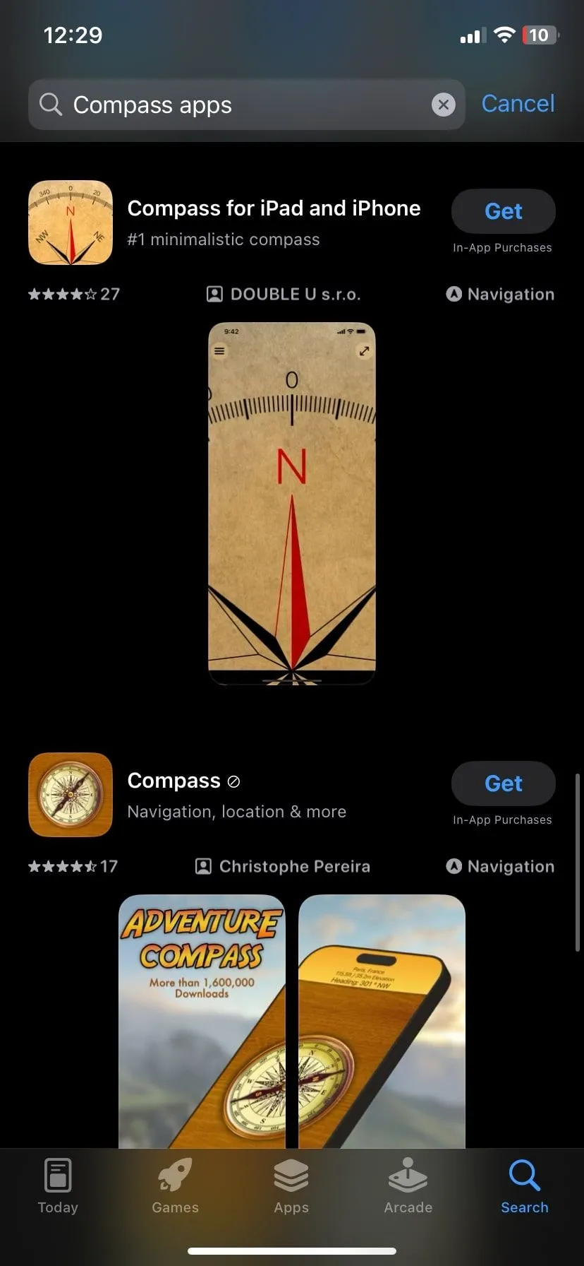 Kết quả tìm kiếm ứng dụng la bàn trên App Store, hiển thị nhiều lựa chọn từ bên thứ ba
