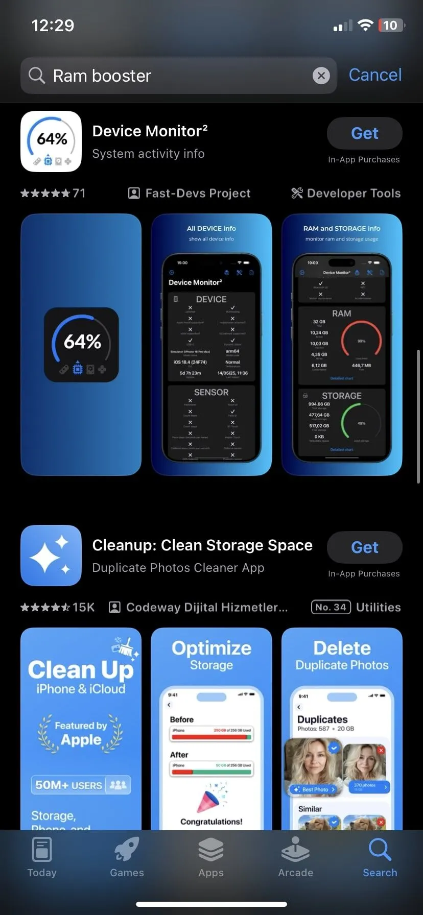 Kết quả tìm kiếm ứng dụng tăng tốc RAM trên App Store, thường hứa hẹn cải thiện hiệu suất