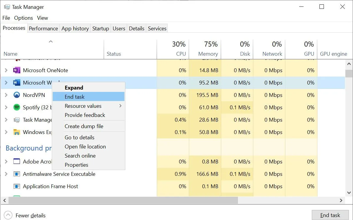 Kết thúc tác vụ trong Task Manager trên Windows 10