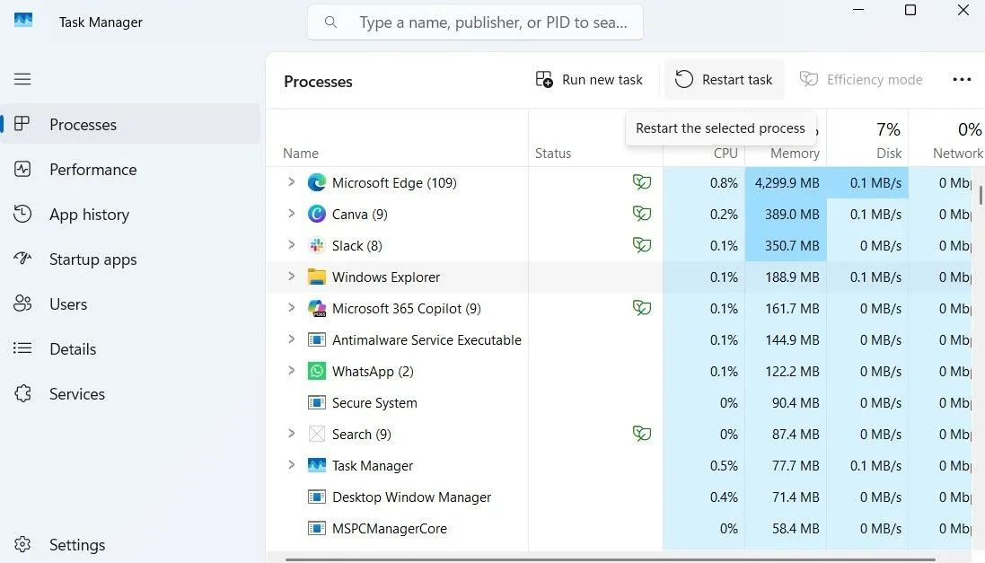 Khởi động lại Windows Explorer trong Task Manager để khắc phục lỗi Start Menu.