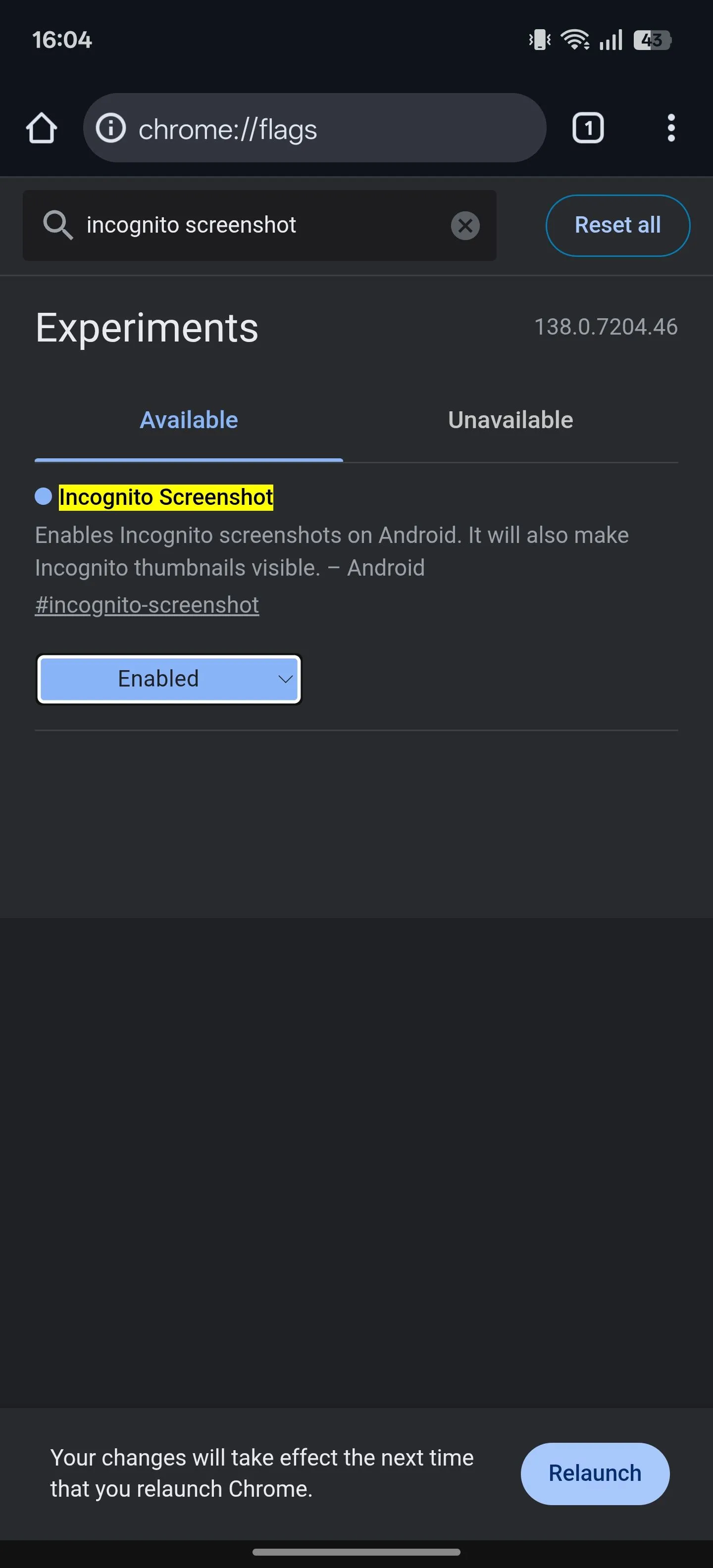 Kích hoạt cờ &quot;Incognito Screenshot&quot; bằng cách chọn &quot;Enabled&quot; trong Chrome Flags để cho phép chụp ảnh màn hình ẩn danh.