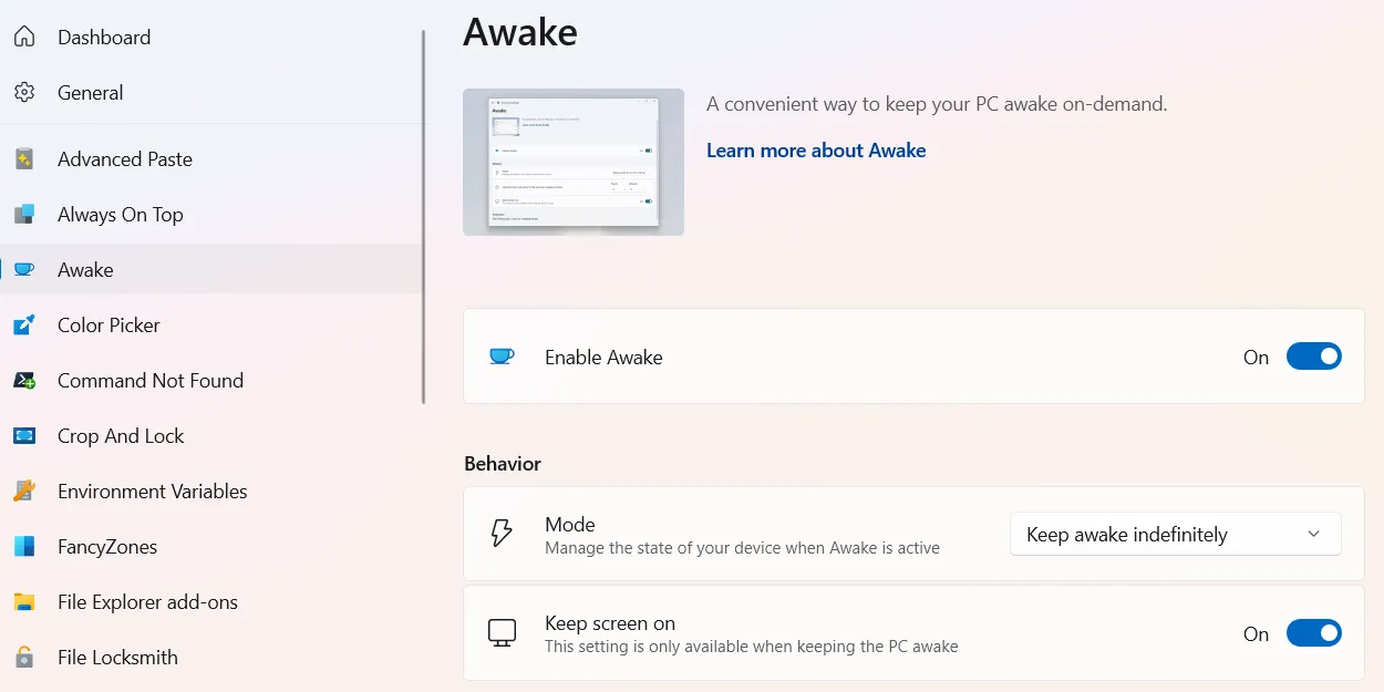 Kích hoạt tiện ích Awake trong bộ công cụ PowerToys trên Windows 11