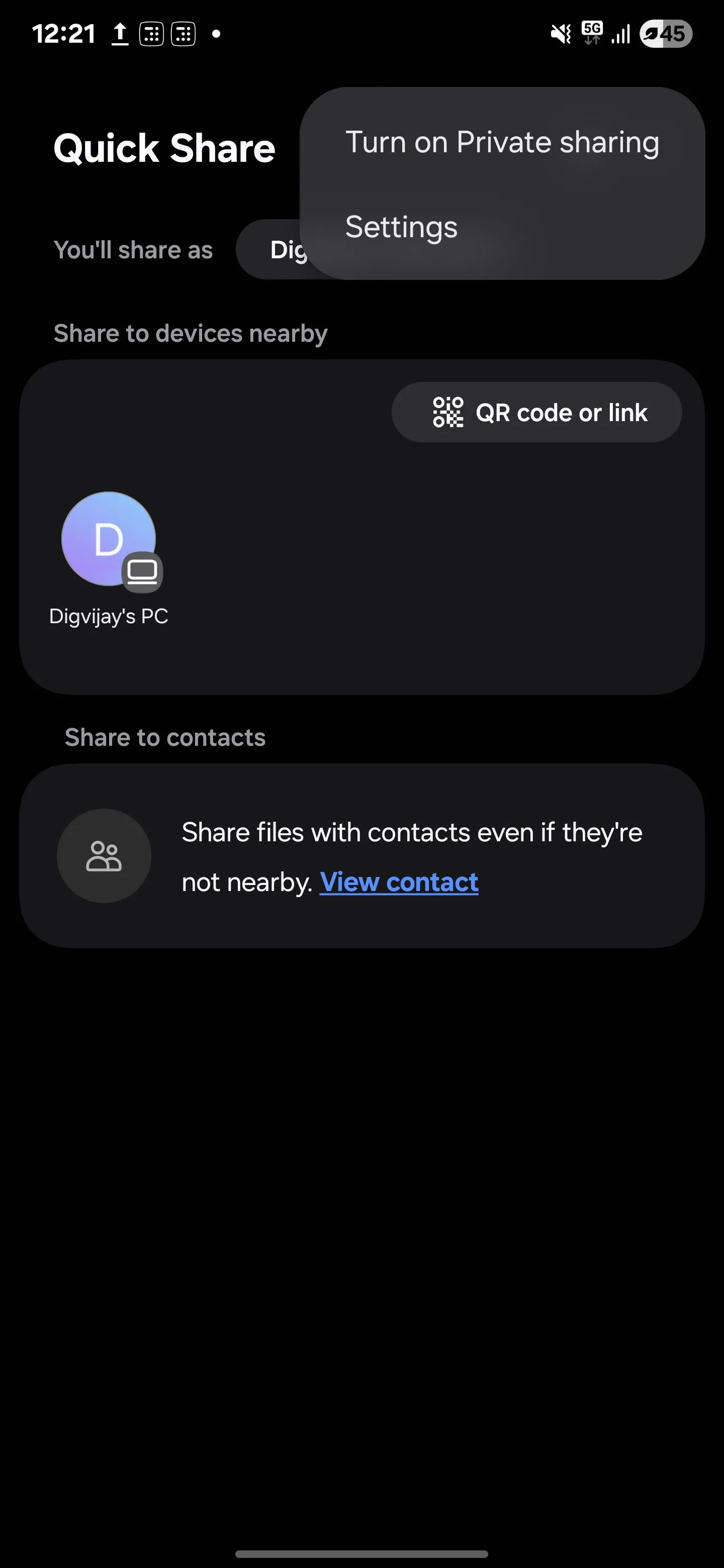 Kích hoạt tính năng Private Sharing từ giao diện Quick Share trên điện thoại Samsung, biểu tượng &quot;Bật chia sẻ riêng tư&quot;